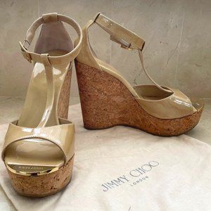 JIMMY CHOO Wedge Patent Leather Sandal Nude Sz 39